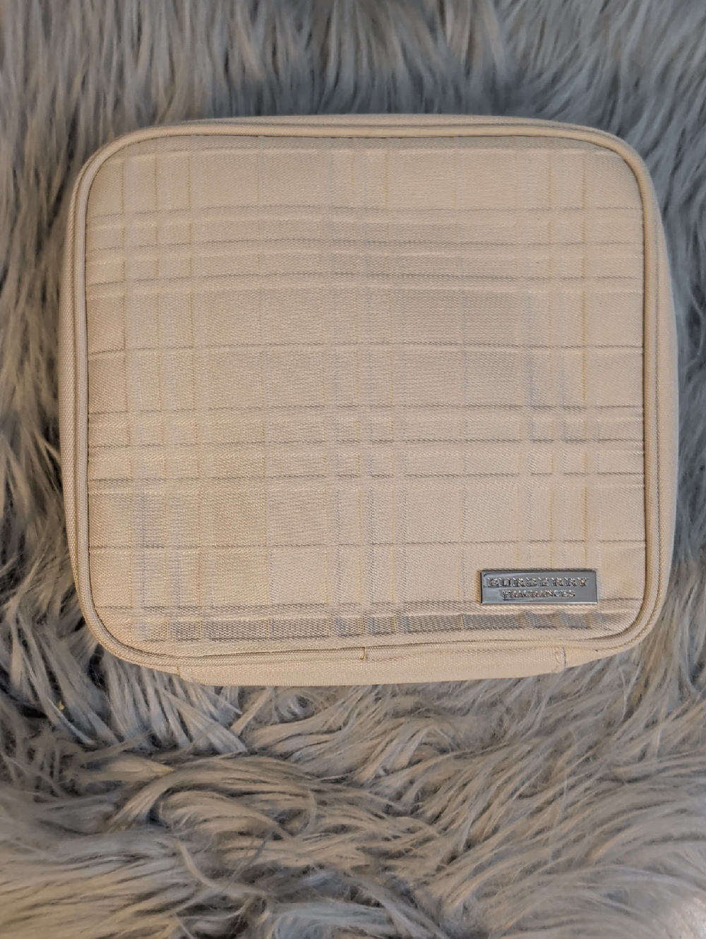 Burberry Parfums Cream Plaid Cosmetic Case with Silver Plaque